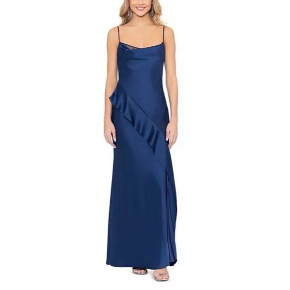 Aqua Bloomingdale’s Formal Women’s Ruffle Maxi Dress Blue Satin Size 8 Bias Cut